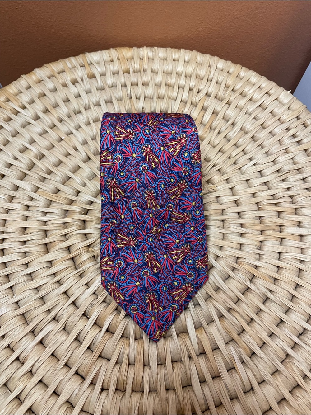 Hermes Paris Vintage 90s Limited Edition 100% Silk Navy & Red Ribbon Neck Tie